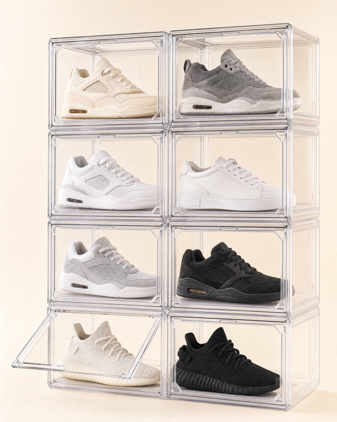 Eight clear acrylic shoe boxes stacked in two columns