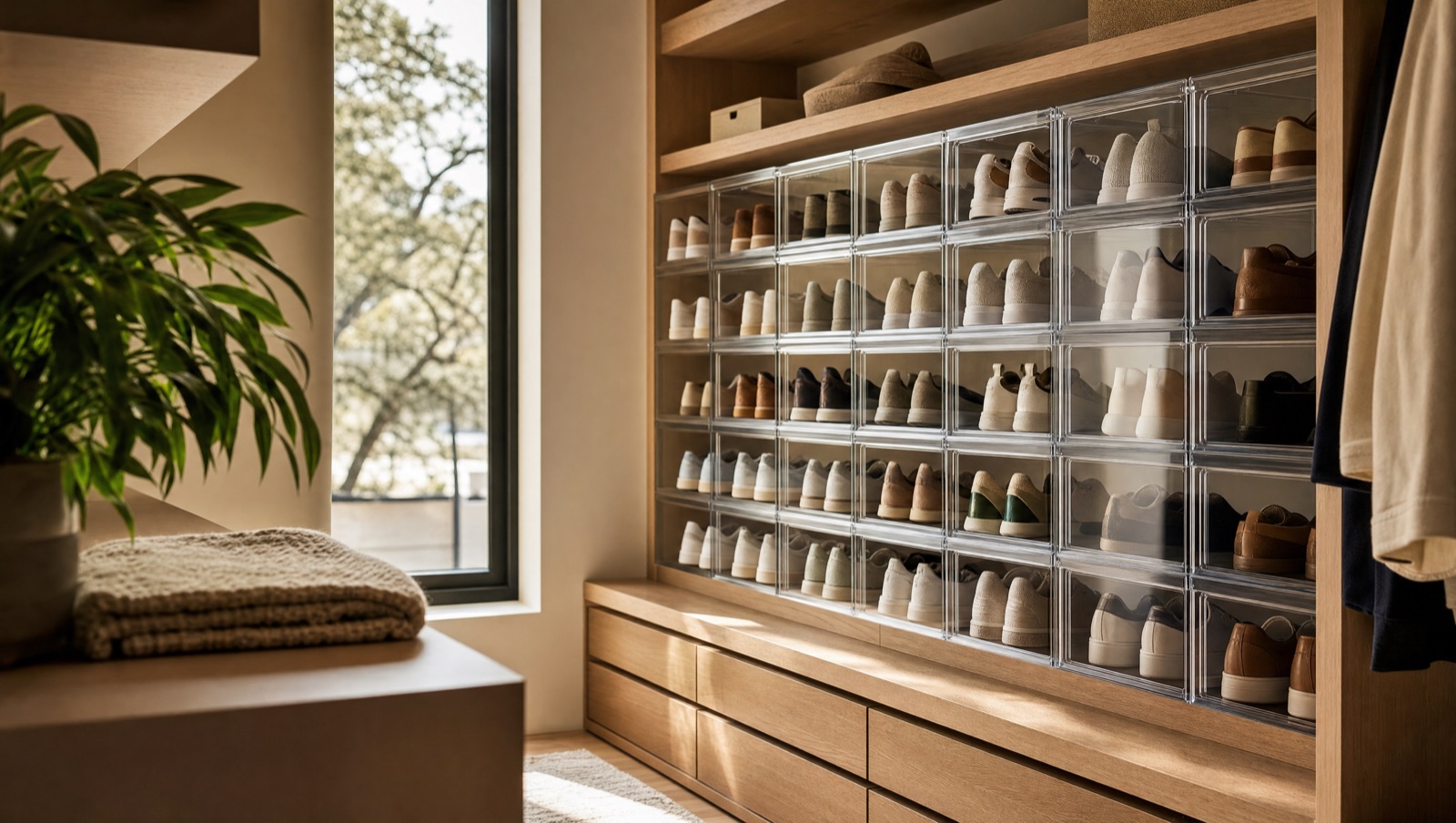 A closet wall of shoe boxes