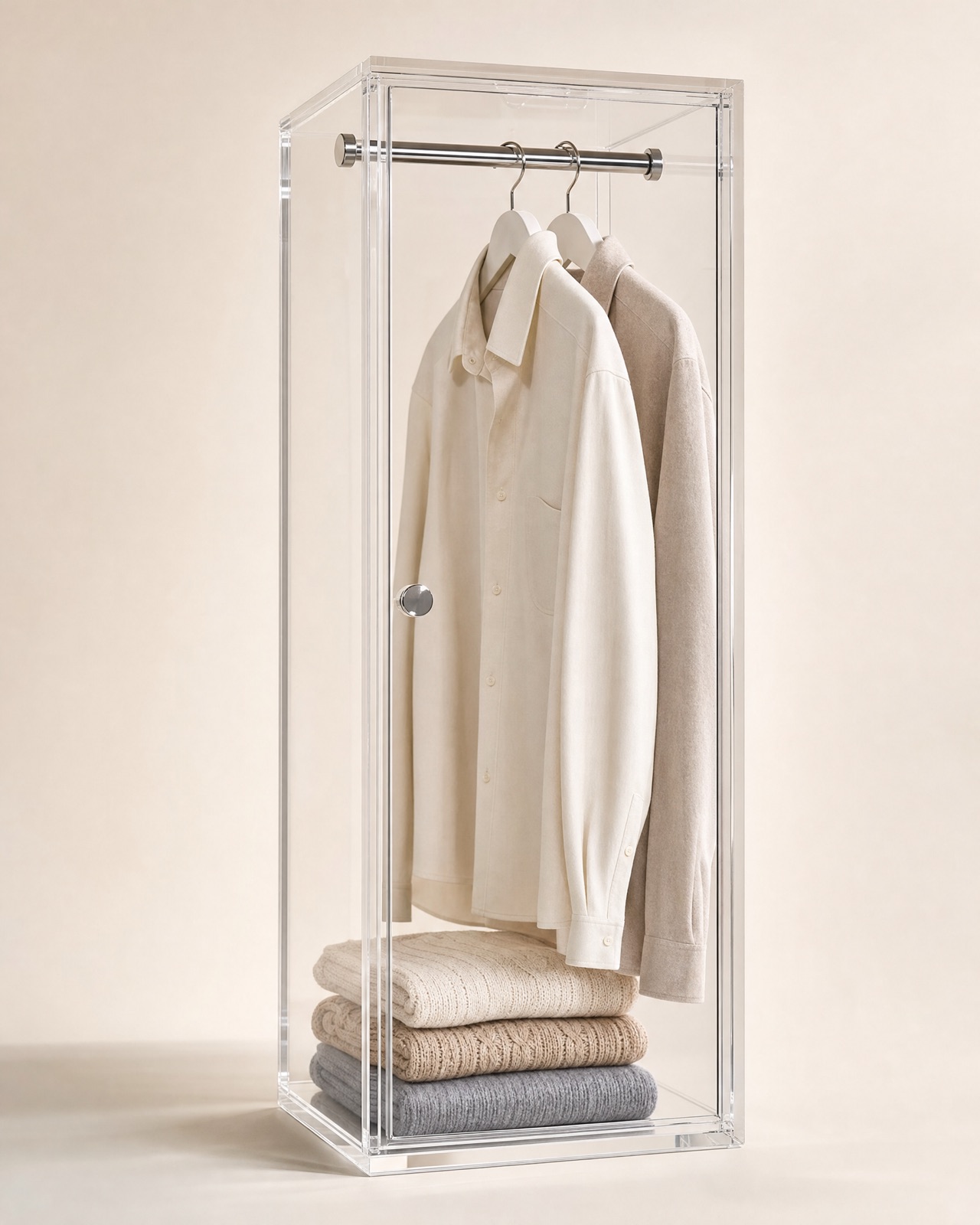 The Wardrobe, a tall clear acrylic cabinet with a hanging rail